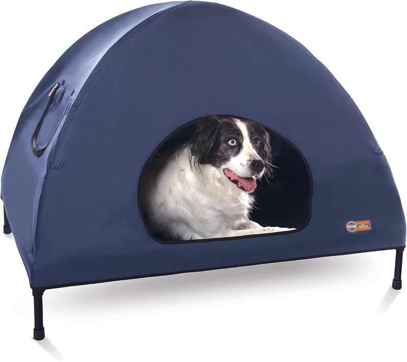 Photo 1 of (FAIR/USED) K&H Pet Products Pet Cot House for Large Dogs, Outdoor Elevated Dog Cot House, Enclosed Canopy, Window Flaps for Air Flow, Washable Cover, Raised Metal Frame, Collapsible - Large 42 X 30in Blue
