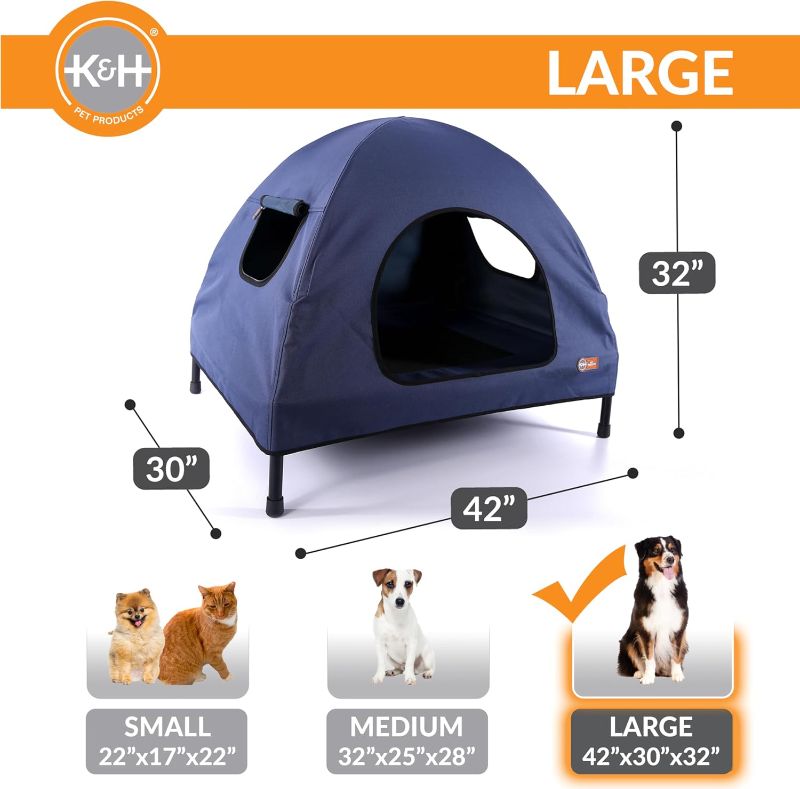 Photo 1 of (FAIR/USED) K&H Pet Products Pet Cot House for Large Dogs, Outdoor Elevated Dog Cot House, Enclosed Canopy, Window Flaps for Air Flow, Washable Cover, Raised Metal Frame, Collapsible - Large 42 X 30in Blue
