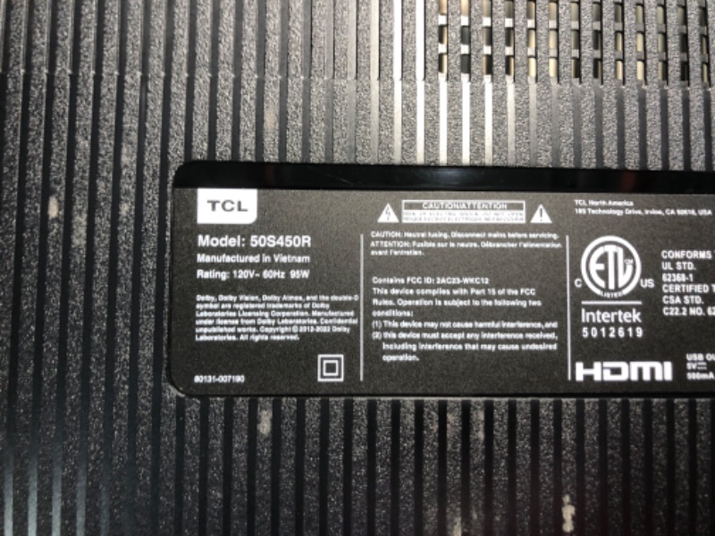 Photo 1 of **DAMAGED / PARTS ONLY** TCL 50-Inch Class S4 4K LED Smart TV with Roku TV (50S450R, 2023 - Model), Dolby Vision, HDR, Dolby Atmos, Works with Alexa, Google Assistant and Apple HomeKit Compatibility, Streaming UHD Television *Power button broke*