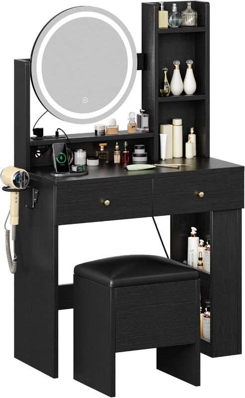 Photo 1 of ***DAMAGED - PREVIOUSLY ASSEMBLED - SEE COMMENTS***
DWVO Vanity Desk with Mirror and Lights, Makeup Vanity Table Set with Power Outlets and Chair, 3 Lighting Colors, Makeup Desk with 3 Drawer and Lots Storage Shelves for Bedroom, Black Dressing Table