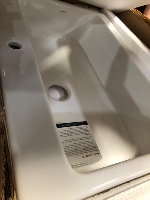 Photo 1 of Parker Fireclay Quick-Fit Drop-In Farmhouse Kitchen Sink and Care Kit, 34" Crisp White Single Bowl with 1 Hole