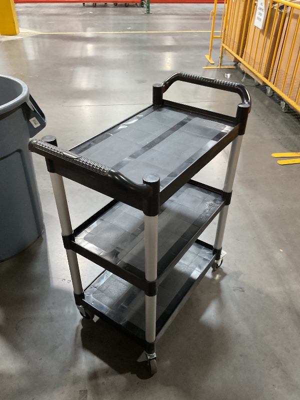 Photo 1 of **READ NOTES**(MINOR DAMAGE SHOWN)
Plastic Utility Carts with Wheels, Heavy Duty 510lbs Capacity Rolling Service Cart, 3-Tier Restaurant Food Cart with Hammer for Office, Warehouse, Garage (Lockable Wheels, Black)