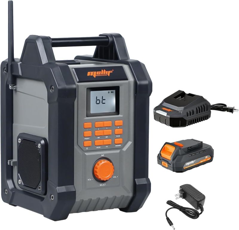 Photo 1 of Mellif Jobsite Radio Speaker Compatible with Dewalt 20v Max Battery, Enhanced Signal Reception, 100ft Wireless Range, Stereo, IPX54 Waterproof, TWS, AM/FM Presets, 2.0 Battery & 18V AC Power Cord