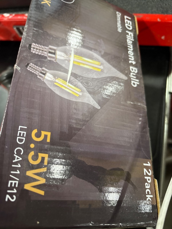 Photo 1 of TJOY E12 LED Candelabra Bulb Dimmable, 60W Equivalent LED Chandelier Light Bulbs, 5.5W 2700K Soft Warm White 600LM CA11 Flame Tip Vintage Filament Candle Light, 12 Pack