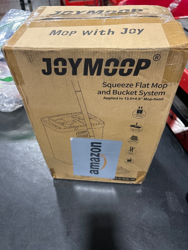 Photo 1 of JOYMOOP Mop and Bucket with Wringer Set, White Flat Squeeze Mop Bucket Set for Floor Cleaning, Wet Dry Mop for Wall Cleaner with Long Handle, Hardwood Floor Mop with 4 Microfiber Cloths