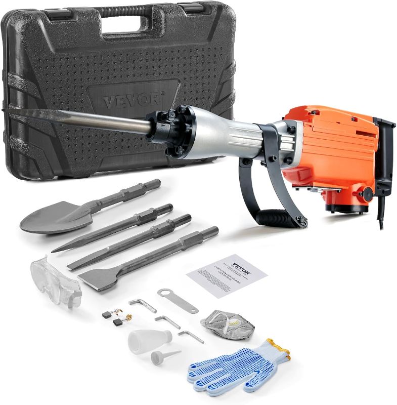 Photo 1 of VEVOR Demolition Jack Hammer, MAX 2200W Electric Jackhammer Heavy Duty, 1350 BPM Concrete Breaker 4pcs Chisels Bit Chipping W/Case, Gloves