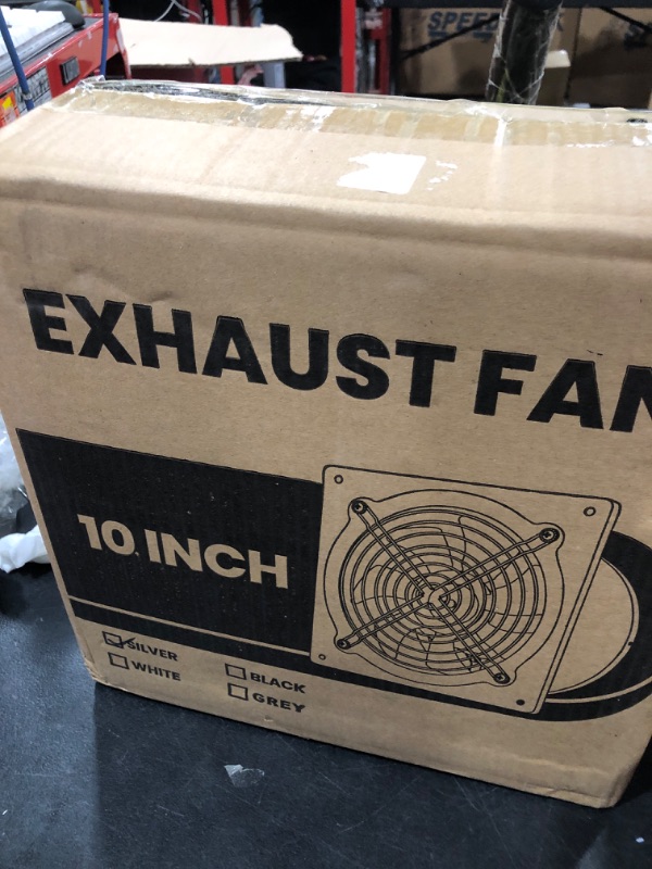 Photo 1 of HG Power 10 Inch Metal Exhaust Fan with Switch, Powerful Garage Exhaust Fan with Damper, Potable Wall Mount Fan Fume Extractor Ventilation Fan for Shop, Shed, Basement, Chicken Coop, Silver