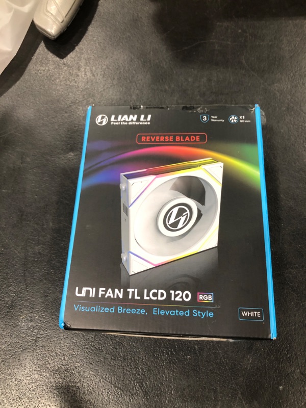 Photo 1 of Lian Li UNI Fan TL LCD 120 Reverse Blade ARGB Fan -FDB Bearing- Daisy-Chain Style - Dual Zone Lighting Effects- White- Single Pack - Without Controller - (12RTLLCD1W.US)