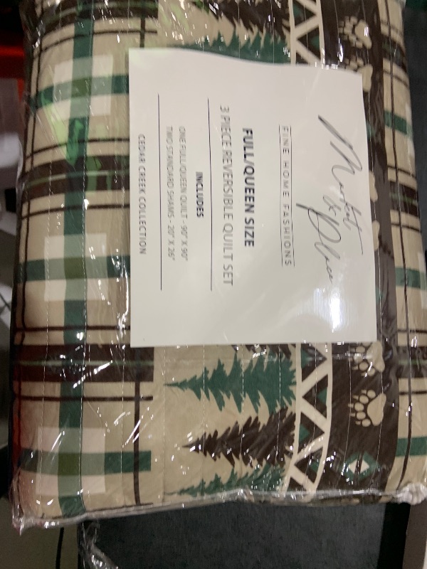 Photo 1 of 3 Piece Reversible Quilt Set with Shams | All-Season Soft & Lightweight Bedspread | Rustic Lodge Cabin Printed Plaid Design | Cedar Creek Collection (Full/Queen, Chocolate/Green)