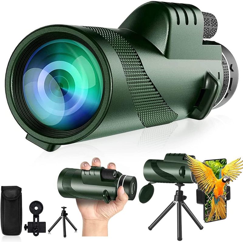 Photo 1 of 80x100 Monocular-Telescope for Adults & Kids, Green, High Powered, Smartphone Adapter, Hunting, Wildlife, Bird Watching, Travel, Camping, Hiking