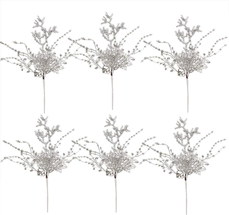 Photo 1 of DearHouse 6 Pack Silver Christmas Picks Clearance, 12.8 Inch Silver Flowers for Christmas Tree Ornaments, DIY Xmas Wreath, Crafts, Holiday Home Decor
