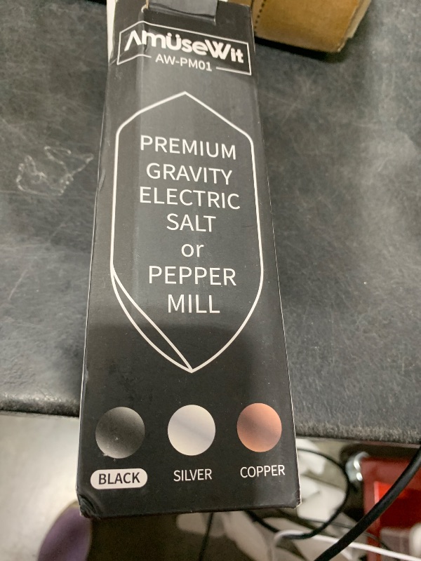 Photo 1 of AmuseWit Electric Gravity Pepper Mill or Salt Grinder Mill [White Light] - Battery Operated Automatic Pepper Grinder with Light, Adjustable Coarseness, One Handed Operation, Cleaning Brush, Black