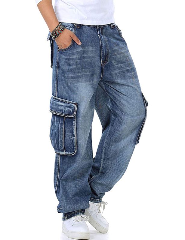Photo 1 of Yeokou Men's Casual Loose Hip Hop Denim Work Pants Jeans with Cargo Pockets(LightBlue-30)