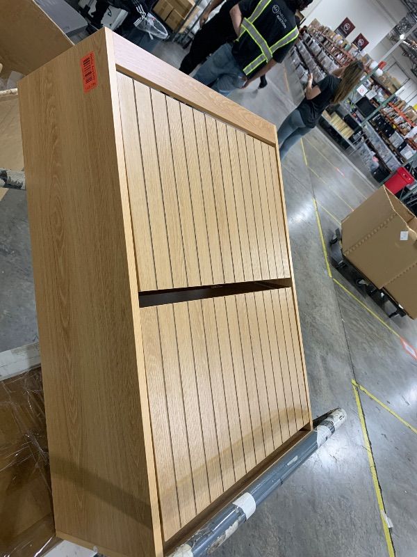 Photo 1 of Shoe Storage Cabinet with Vertical Groove Doors 2 Flip Drawers, Narrow Shoe Cabinet Storage for Entryway, Freestanding Shoe Organizer Cabinet, Slim Shoe Rack Cabinet (Natural Oak Grain)
