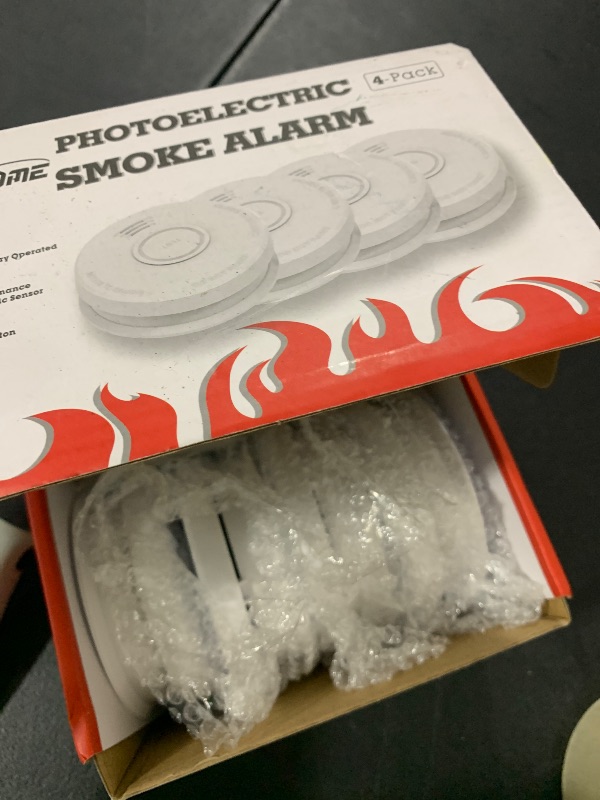 Photo 1 of LSHOME 4 Pack Smoke Detector Fire Alarms 9V Battery Operated Photoelectric Sensor Smoke Alarms Easy to Install with Light Sound Warning, Test Button,9V Battery Included Fire Safety for Home