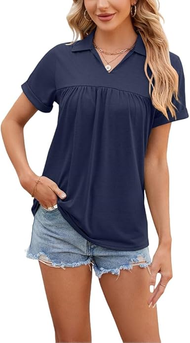 Photo 1 of *BLUE*__ Womens Solid Short Sleeve Polo Shirts V Neck Basic Tops Business Casual Work Tunic Blouse Small*
