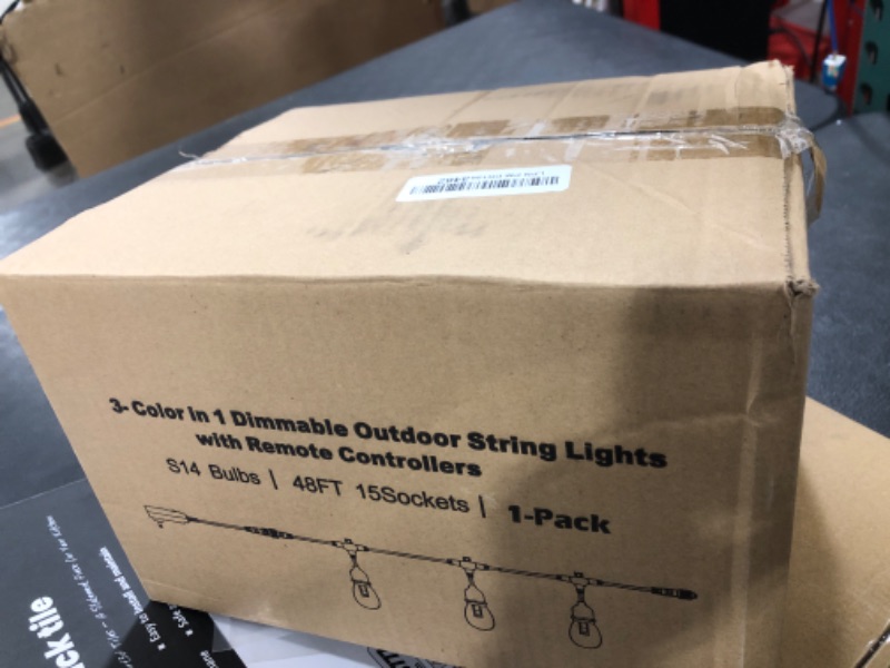 Photo 1 of 3 Color Dimmable LED Outdoor String Lights with Remotes, 48FT Waterproof Patio Hanging Lights with Shatterproof E26 S14 LED Bulbs for Bistro Cafe Pergola Party, Warm White/Nature White/Daylight White