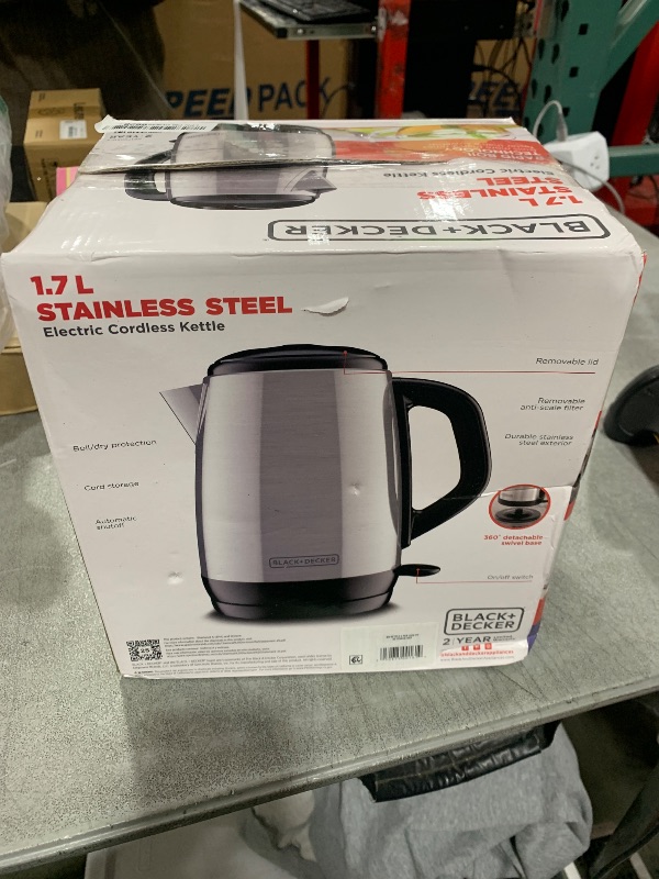 Photo 1 of BLACK+DECKER 1.7L Cordless Electric Kettle, KE1700SD, Rapid Boil, Auto Shutoff, Stainless Steel