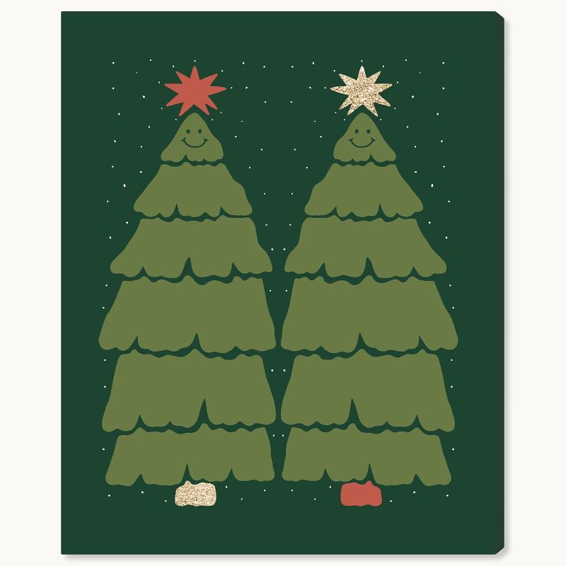 Photo 1 of **NEW/FACTORY SEALED** Wynwood Studio Holiday and Seasonal Modern Wrapped Canvas Art - Two Pines with their Star, Wall Art for Living Room, Bedroom, and Bathroom, 16" x 20", Green and Gold Home Decor