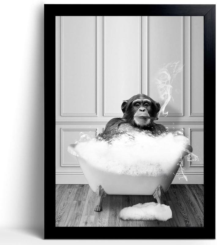 Photo 1 of   Funny Monkey Framed Wall Art in Bathtub,Black and White Canvas Monkey Wall Art Prints Farmhouse Bathroom Decor,Humor Animals Bathroom Painting Canvas Rustic Style Artwork