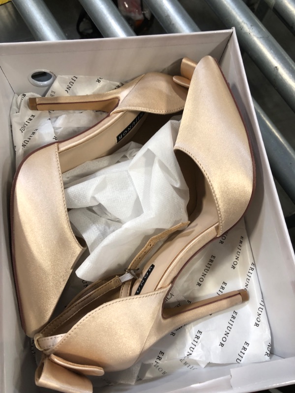 Photo 1 of ERIJUNOR E1966A Women High Heel Bow Ankle Strap Evening Party Dance Wedding Satin Shoes Champagne Size 8