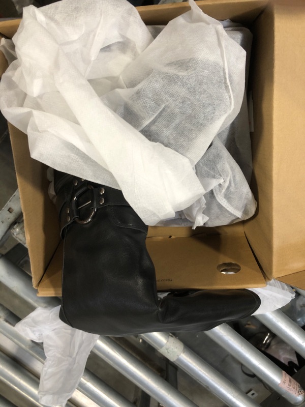 Photo 1 of AMINUGAL Black Knee High Boots Women Square Toe Pull On Boots Wide Calf Riding Boots Festival Buckles Chunky Boots Metallic Casual Vintage Buckle Rivet Boots Size 7