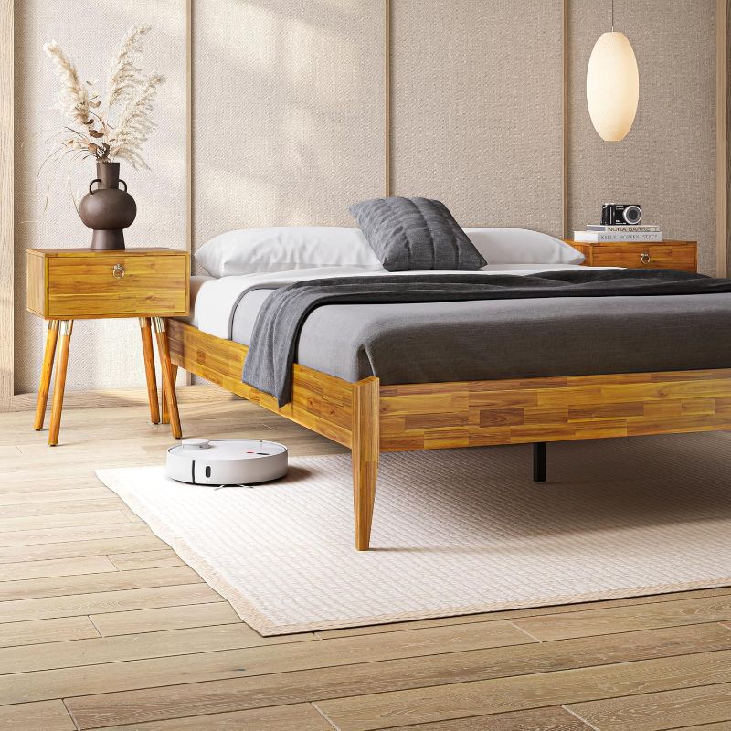 Photo 1 of ***TWIN SIZE***Bme Dinkee single beds without headboard, acacia wood platform, slatted support, Japanese structure, without box spring, easy assembly, minimalist, modern and bohemian style, caramel color
