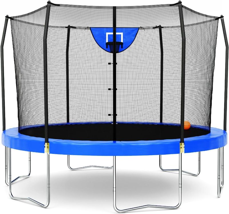 Photo 1 of ***SIMILAR ITEM*** Skywalker Trampoline Outdoor 8 FT, 12 FT, 15 FT Jump N’ Dunk Round Outdoor Trampoline with Net, Trampoline Mat, and Basketball Hoop for Trampoline