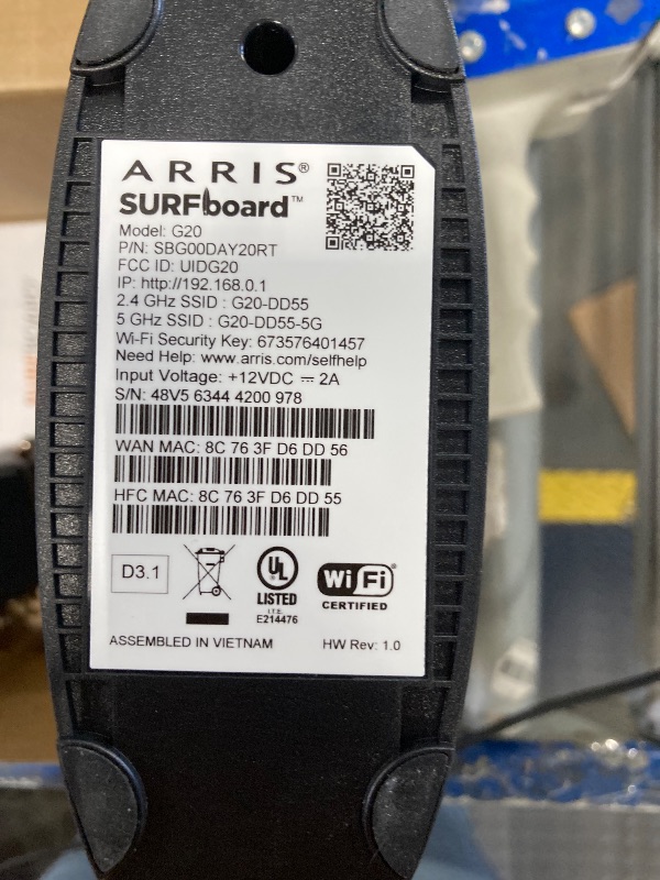 Photo 1 of ARRIS (G20) - Cable Modem Router Combo - Fast DOCSIS 3.1 Multi-Gigabit WiFi 6 (AX3000), Approved for Comcast Xfinity, Cox, Spectrum & More, 1.0 Gbps Max Speeds, Next-Generation Upload Optimized