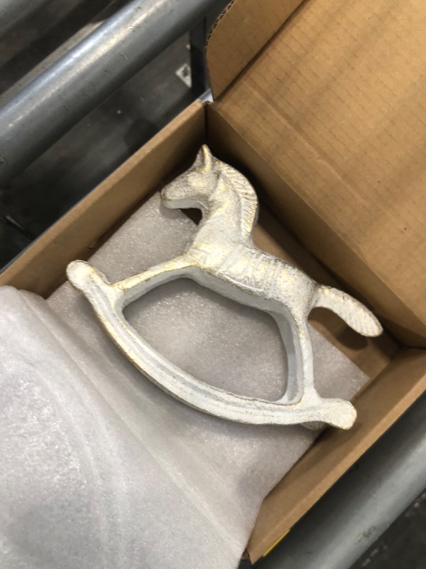 Photo 1 of Sungmor Cast Iron Rocking Horse Statue, Home Office Desk Ornament, Vintage Collectible Figurine Decorative Paperweight, Rustic White Small Horse Nostalgia Christmas Decor