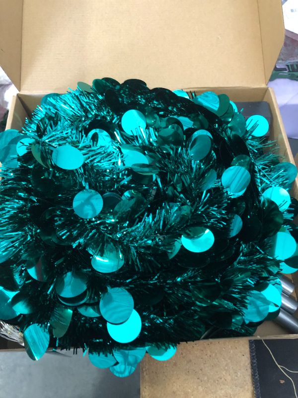 Photo 1 of 5ft Pop Up Teal Tinsel Christmas Tree,Collapsible Artificial Pencil Skinny Xmas Trees for Home Decor Indoor Holiday Party Decorations,Blue,WOKEISE