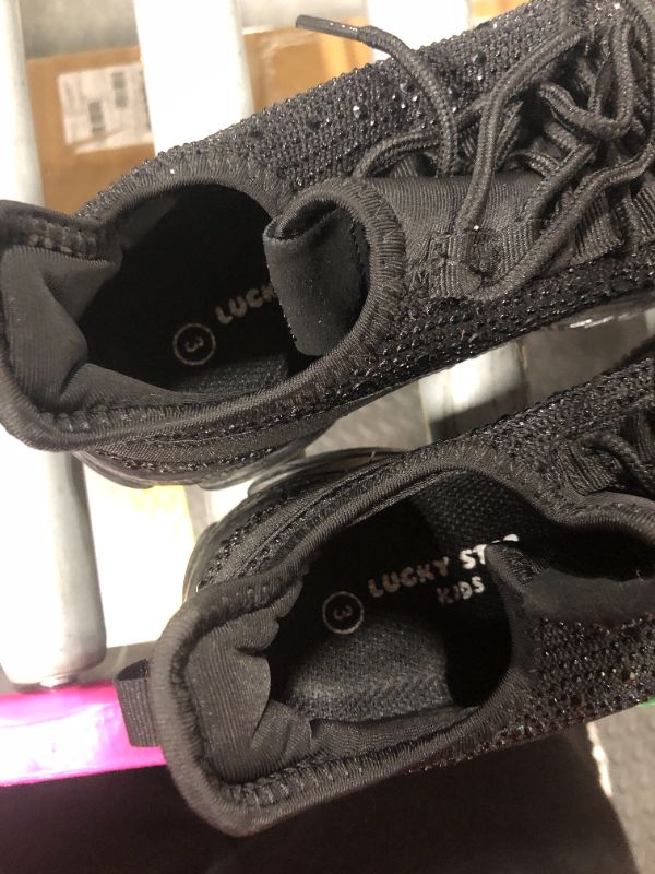 Photo 1 of ***SIZE 3*** LUCKY STEP Girls Rhinestone Slip On Sneakers Kids Sparkly Lightweight Tennis School Knit Jelly Sole Glitter Walking Shoes Toddler(Black Rhinestone,Little Kid 3)