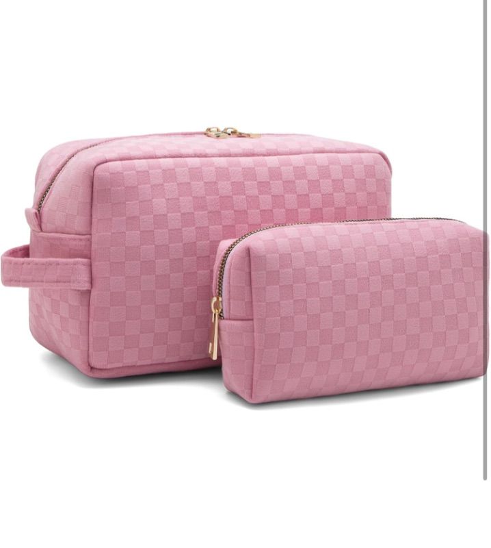 Photo 1 of 2 Pieces Large Checkered Makeup Bag Cosmetic Bag for Women Travel Toiletry Make Up Brush Bag Pack Organizer Travel Accessories for Women (Pink)