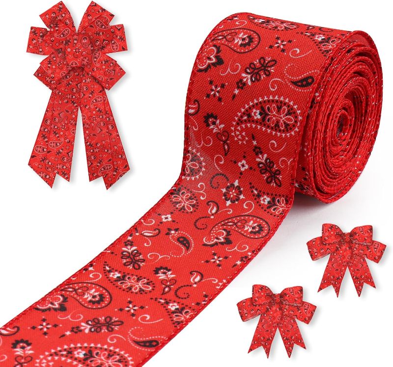 Photo 1 of 
Red Paisley Ribbon for Wreath Bow Wrapping Gifts, Western Cowboy Vintage Red Bandanna Ribbon for Gift Wrapping Craft Party Supplies Decoration 2.5" X 10 Yard Wired Spring Summer Gift Ribbon