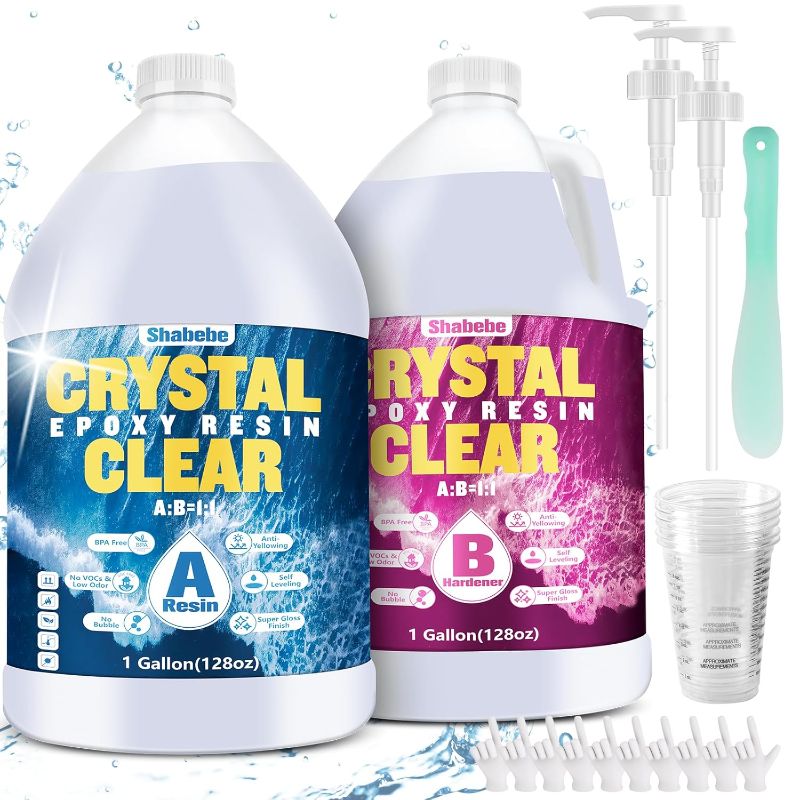 Photo 1 of Epoxy Resin 2 Gallon Kit, Upgraded Crystal Clear Resin Epoxy Food Safe with Pump, Self Leveling & Bubble Free High-Glossy with Anti-Yellowing for Coating, Casting, Jewelry Making, DIY Craft