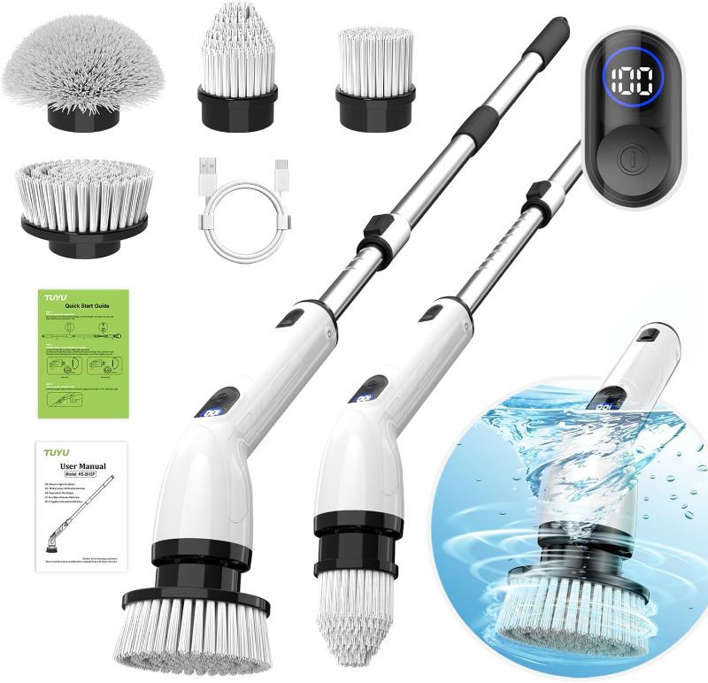 Photo 1 of TUYU Electric Spin Scrubber, Full-Body IPX7 Waterproof Bathroom Scrubber with Power LCD Display, Adjustable Extension Handle, Cordless Shower Cleaner Brush for Bathtub Kitchen Wall Cleaning
