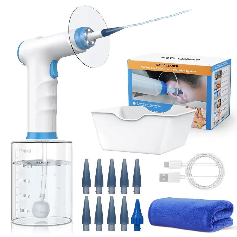 Photo 1 of Ear Wax Removal, Electric Ear Cleaning Kit with 4 Pressure Modes, Ear Cleaner, Ear Irrigation Kit with 5 LED Lights, 10 Tips, 500ml Water Bottle, Basin and Towel
