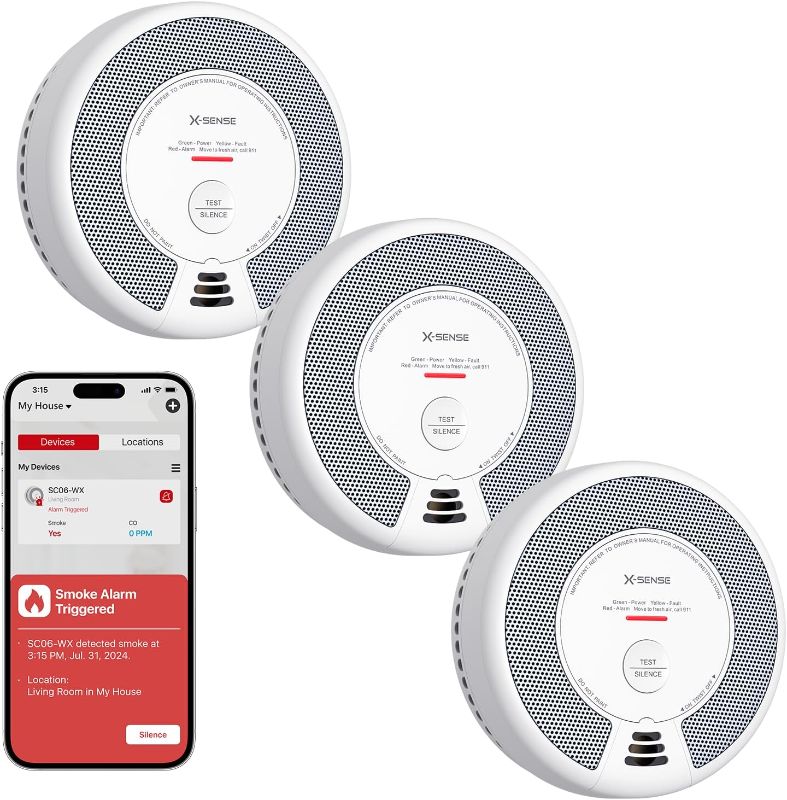 Photo 1 of X-Sense Smart Smoke Detector Carbon Monoxide Detector Combo with No Fee App Notification, Replaceable Battery Powered Smoke Detector and Carbon Monoxide Detector, SC06-WX, 3-Pack
