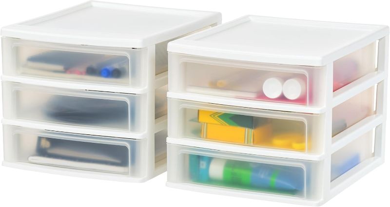 Photo 1 of IRIS USA Medium 3-Drawer Desktop Organizer with Open Tray Top, 2 Pack, Plastic Drawer Storage Container for Stationery Art Craft Supplies, White
