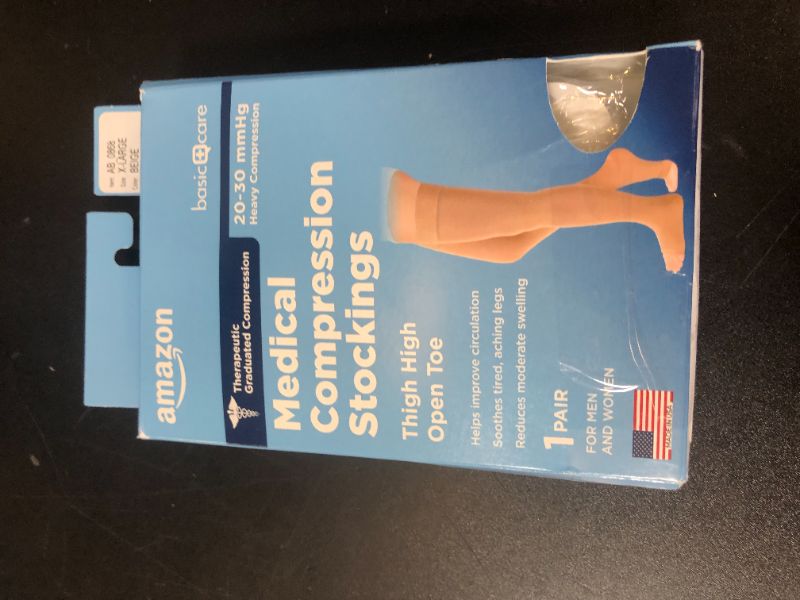 Photo 1 of Amazon Basic Care Medical Compression Stockings, 20-30 mmHg Support, Women & Men Thigh Length Hose, Open Toe, Beige, X-Large (Previously NuVein)