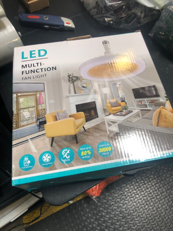 Photo 1 of PANLAVIE Enclosed Ceiling Fan with Light and Remote, 10 Inch Screw in Fan Light Mini Bladeless Ceiling Fans, 3 Fan Speeds Dimmable 3 Light Colors for Garage Tool Room Hallway, No Wiring Required