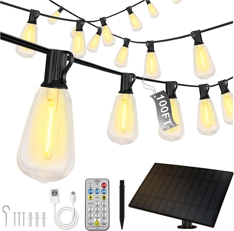Photo 1 of 100 Ft Solar Party Lights Outdoor Waterproof, Shatterproof LED Bulbs with Remote, Dimmable & 20Hrs+ Runtime, for Backyard/Christmas/Event Decor