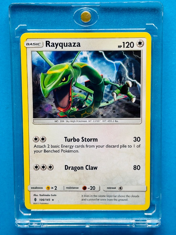 Photo 1 of 195123…Rayquaza Pokémon card in hard plastic case