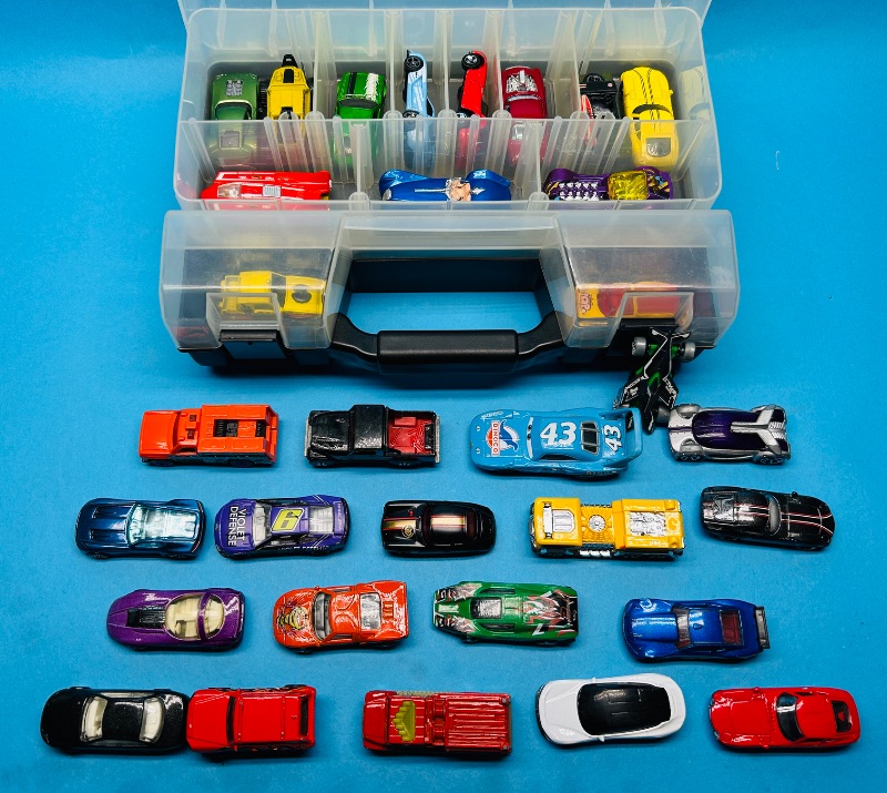 Photo 1 of 195163…32 mixed die cast cars in organizer- shows wear from age