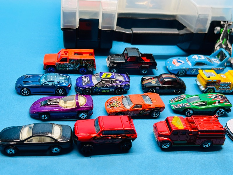 Photo 1 of 195163…32 mixed die cast cars in organizer- shows wear from age