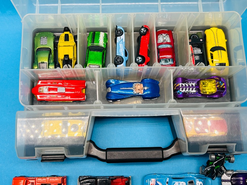 Photo 1 of 195163…32 mixed die cast cars in organizer- shows wear from age