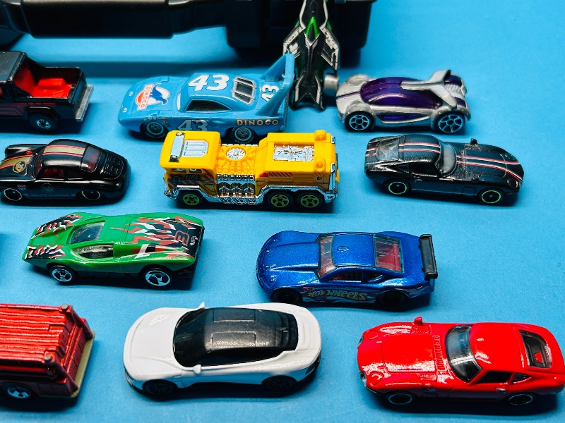 Photo 1 of 195163…32 mixed die cast cars in organizer- shows wear from age