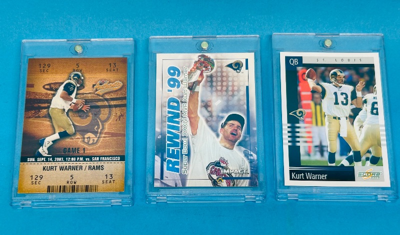 Photo 1 of 195242…3 Kurt Warner cards  in hard plastic cases