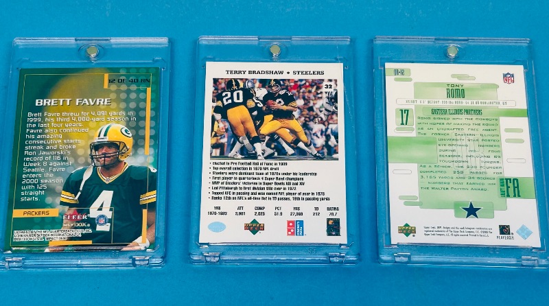 Photo 1 of 195244…terry bradshaw, Tony Romo, Brett Favre cards  in hard plastic cases
