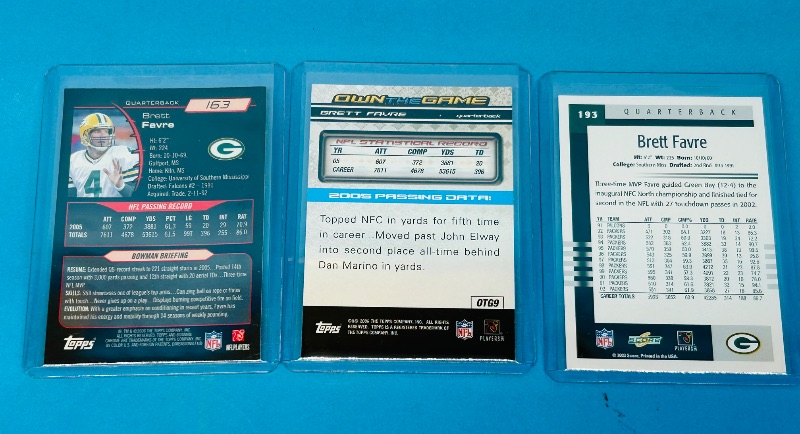 Photo 1 of 195246…3 Brett Favre cards in hard plastic sleeves 